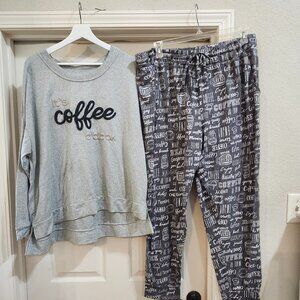 Secret Treasures sz:3x  Morning Coffee Pajamas Tie Waist Cozy Gray & White